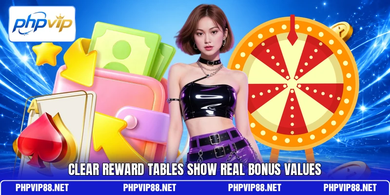 Clear reward tables show real bonus values Clear reward tables show real bonus values